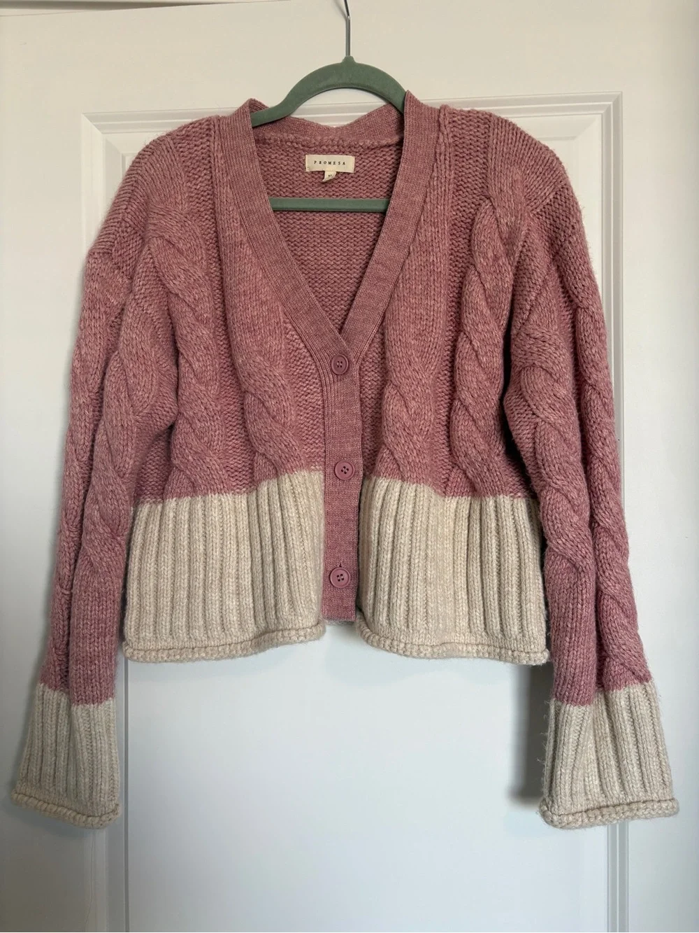 Promesa Pink & Cream Cable Knit Cropped Cardigan